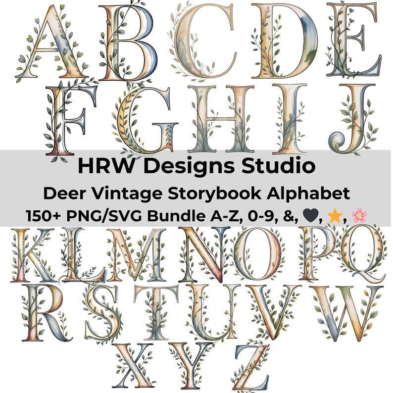 Vintage Deer Alphabet PNG SVG Bundle, Woodland Nursery Alphabet Letters ...