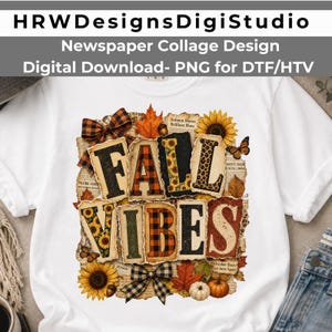 Peut inclure: Un t-shirt blanc avec un motif graphique portant le texte FALL VIBES. Les lettres sont remplies de motifs incluant du tartan, des tournesols et des imprimés léopard, entourées de feuilles d'automne, de tournesols, de citrouilles et de nœuds.
