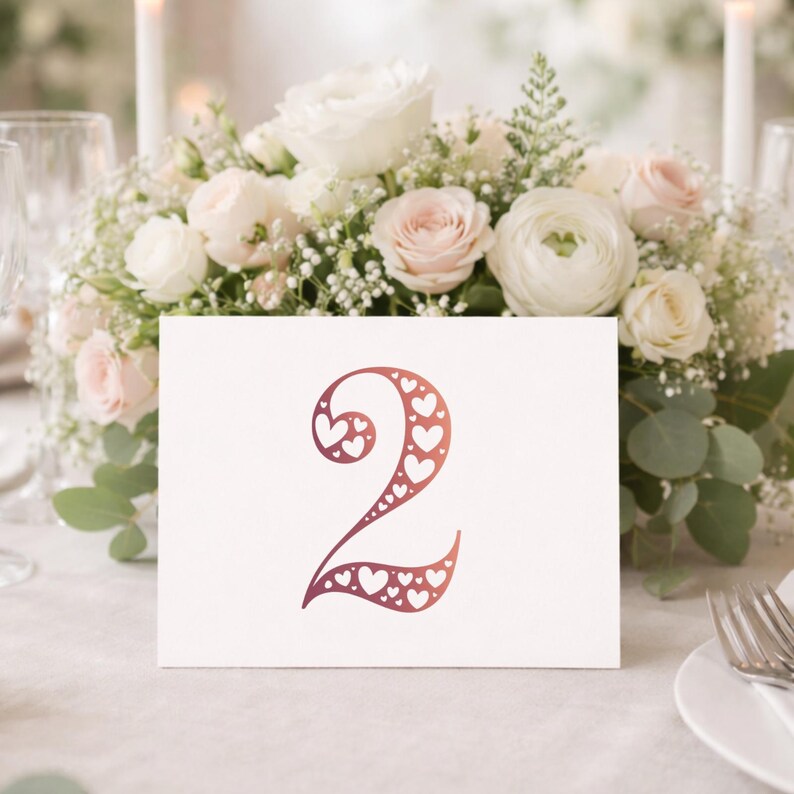 Op de afbeelding: Een witte kaart met het nummer twee in een rood-paarse gradi&euml;nt, versierd met hartvormige uitsparingen. De kaart staat op een tafel met een bloemstuk van witte en roze rozen, wat wijst op een bruiloft of evenement.