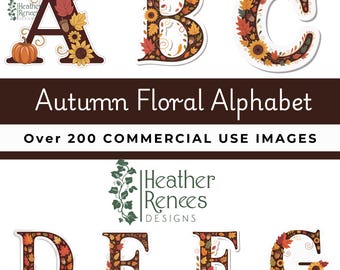 May include: A collection of alphabet letters A, B, C, D, E, F, and G, each decorated with autumn leaves, sunflowers, and acorns. The words "Autumn Floral Alphabet" and "Over 200 COMMERCIAL USE IMAGES" are displayed. The Heather Renees Designs logo is also visible.