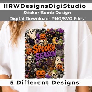 May include: A white t-shirt featuring a colorful Halloween sticker bomb graphic with the text SPOOKY SEASON. The design includes illustrations of ghosts, pumpkins, black cats, skulls, a haunted house, a spell book, and potions in orange, purple, and black.
