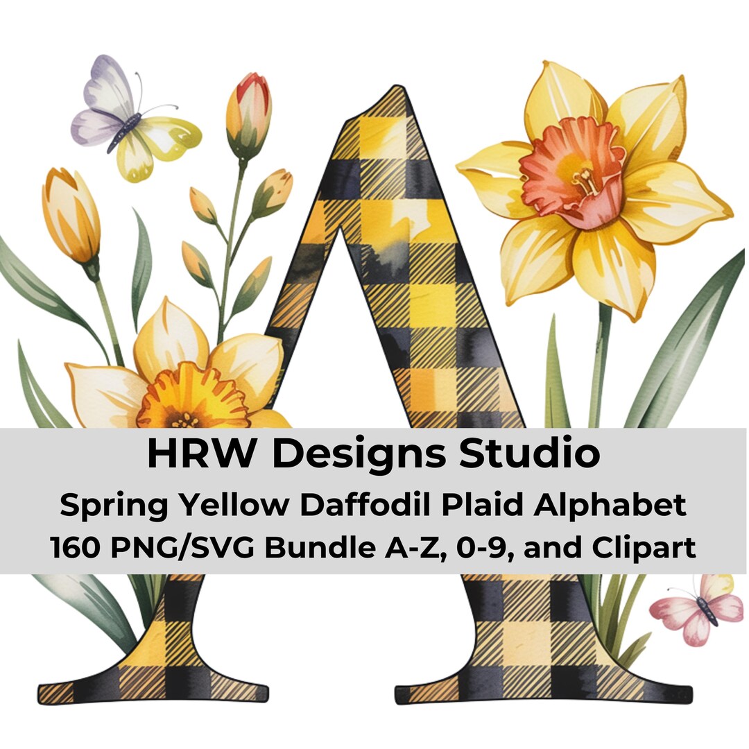 Spring Daffodil Alphabet PNG SVG, Yellow Plaid Letter Bundle, Floral ...