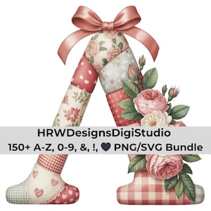 Barnkammaralfabet Clipart PNG SVG, Baby Patchwork Bokstäver, Blommigt Tyg Alfabet, Baby Shower Dekor, Monogram Bokstäver
