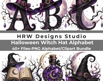 Purple Witch Hat Alphabet PNG Bundle, Celestial Moon Gothic Letters, Witchcore Halloween Monogram, Numbers and Clipart
