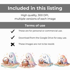 Op de afbeelding: Digitale illustratie van vier cartoongeesten met manden vol schelpen op een strand. De afbeelding bevat tekst met de tekst "Inbegrepen in deze aanbieding" en "Gebruiksvoorwaarden". De gebruiksvoorwaarden stellen dat de afbeeldingen voor persoonlijk of commercieel gebruik zijn en niet doorverkocht mogen worden.