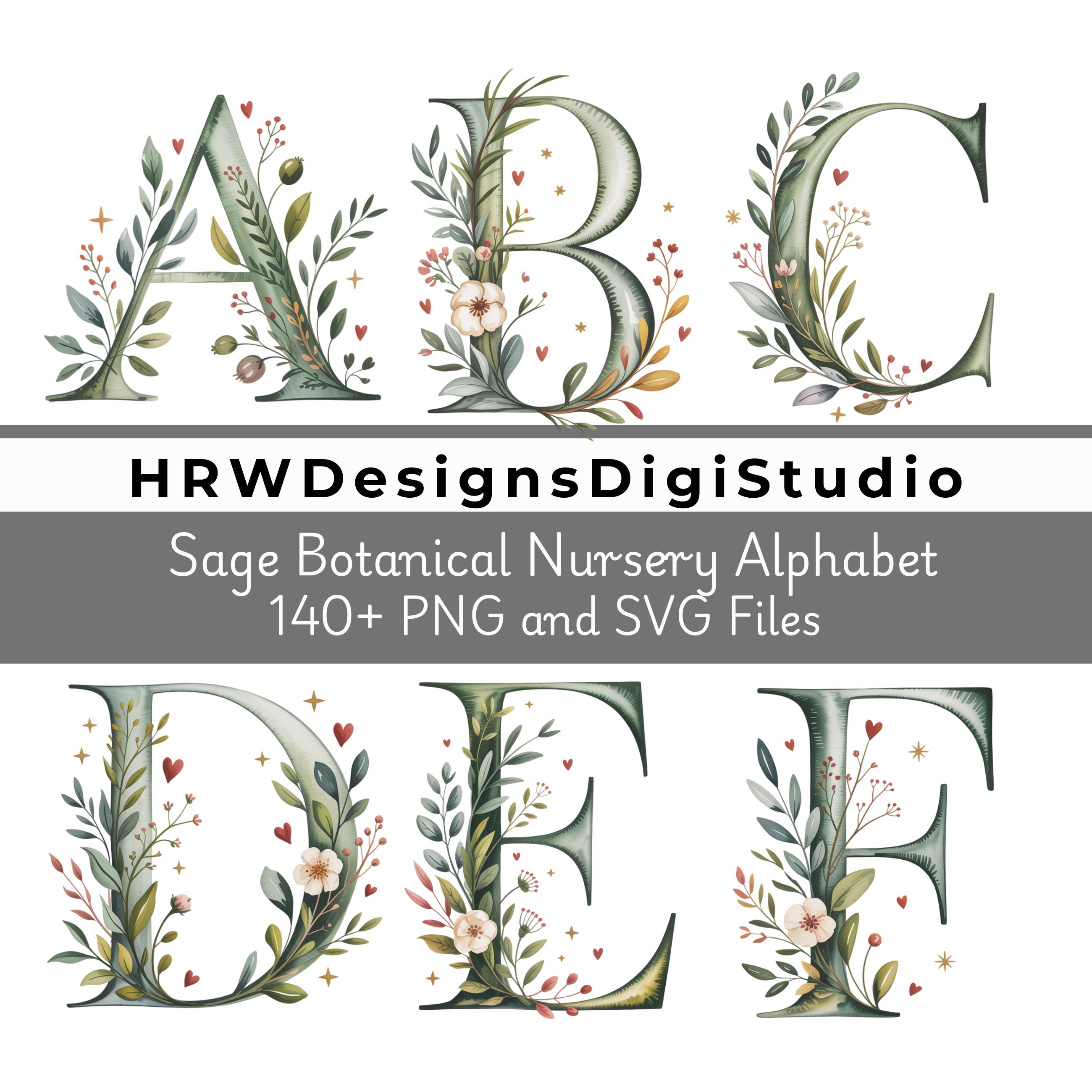 Floral Alphabet Clipart, Botanical Letters PNG SVG, Sage Green Flower ...