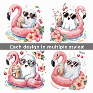 Op de afbeelding: Vier illustraties van een cartoongeest met een hartvormige zonnebril, drijvend op een roze flamingo zwemband en een drankje vasthoudend. Elk ontwerp bevat kersen, hibiscusbloemen en de tekst "Each design in multiple styles!"