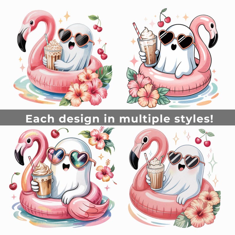 Op de afbeelding: Vier illustraties van een cartoongeest met een hartvormige zonnebril, drijvend op een roze flamingo zwemband en een drankje vasthoudend. Elk ontwerp bevat kersen, hibiscusbloemen en de tekst "Each design in multiple styles!"