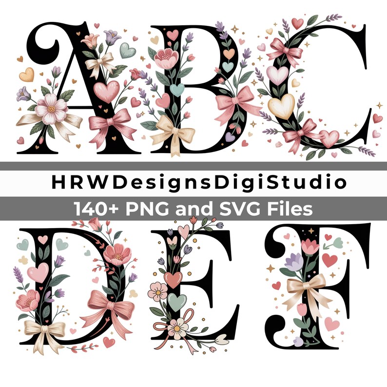 Cottagecore Floral Alphabet PNG SVG, Romantic Flower Letter Monogram ...