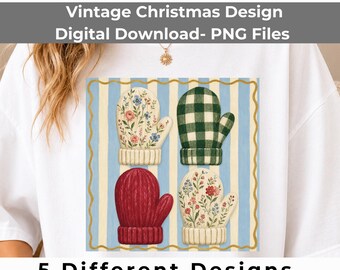 Vintage Christmas Wall Art PNG Bundle, 5 Folk Art Prints, Gingham Holiday Decor, Stockings Ornaments Trees