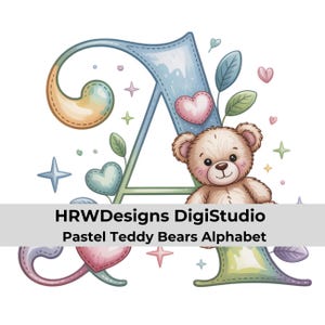 May include: A watercolour illustration of the letter "A" from the "Pastel Teddy Bears Alphabet" collection. The letter is light blue with a teddy bear, hearts, stars, and leaves. The text "HRWDesigns DigiStudio" and "Pastel Teddy Bears Alphabet" are at the bottom.