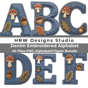 May include: A digital alphabet set featuring letters A through F rendered in a denim texture with white stitched borders. Each letter is decorated with embroidered motifs of red and white mushrooms, brown acorns, and green or orange oak leaves.