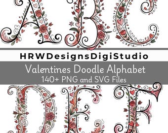 Valentijnsdag doodle alfabet, handgetekende bloemenletters, romantische clipart, png-SVG, commercieel gebruik