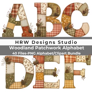 Könnte beinhalten: Die Buchstaben A, B, C, D, E und F im Patchwork-Stil mit verschiedenen Stoffmustern in Rot-, Grün-, Gelb- und Weißtönen. Jeder Buchstabe ist mit Tannenzapfen und Beeren verziert. Der Text lautet: HRW Designs Studio Woodland Patchwork Alphabet 40 Files-PNG Alphabet/Clipart Bundle.