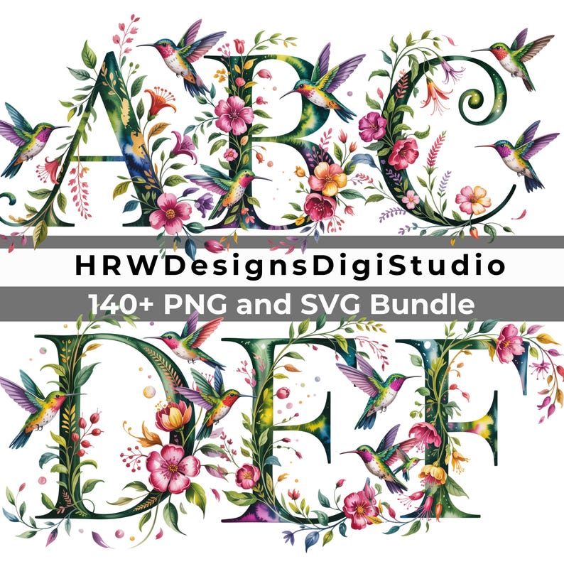 Hummingbird Watercolor Alphabet PNG SVG, Floral Letter Clipart ...