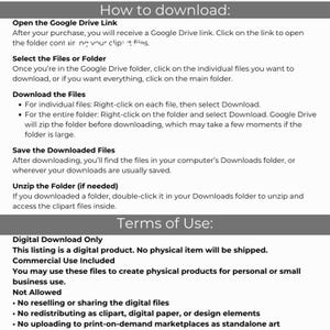 May include: A white graphic with instructions on how to download digital files from Google Drive. The text includes steps for opening the link, selecting files, downloading, saving, and unzipping. Terms of use are also listed.