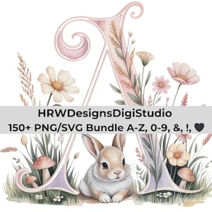 May include: A watercolour illustration of the letter 'A' decorated with flowers, a rabbit, and mushrooms. The letter is in shades of pink. Text at the bottom reads "HRWDesignsDigiStudio 150+ PNG/SVG Bundle A-Z, 0-9, &, !, !"