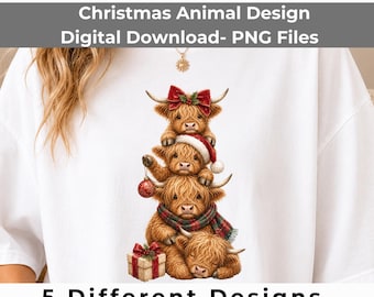 Christmas Animal PNG Bundle, 5 Stacked Holiday Designs, Owl Dog Cat Bunny Highland Cow, Watercolor Sublimation
