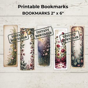May include: Five printable bookmarks, each 2" x 6", with floral designs. The bookmarks feature watercolor illustrations of flowers and foliage in various color palettes, including pink, purple, and green. Each bookmark has an "Instant Download" stamp.