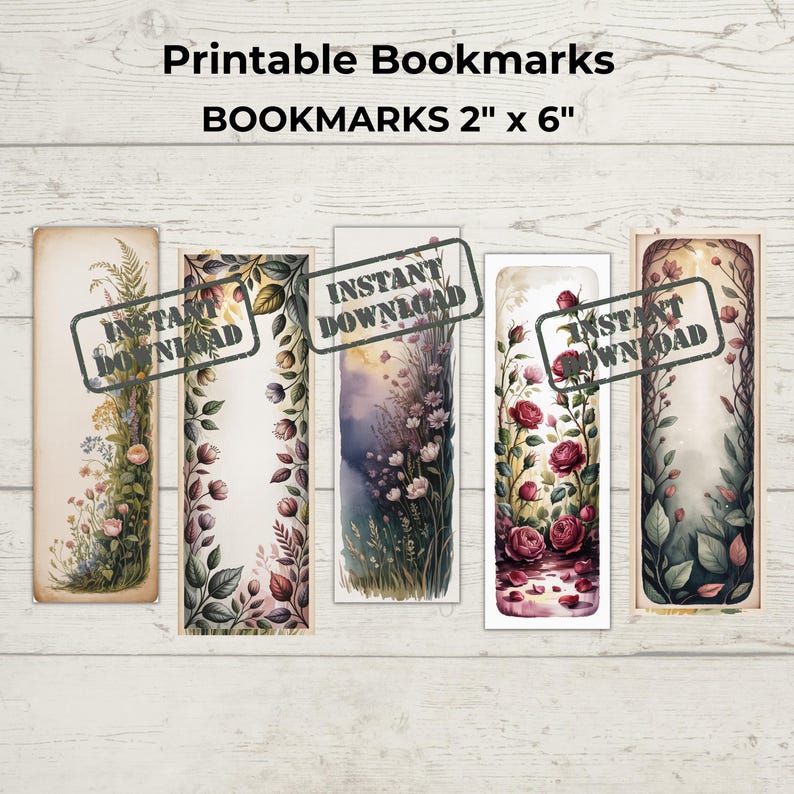 May include: Five printable bookmarks, each 2" x 6", with floral designs. The bookmarks feature watercolor illustrations of flowers and foliage in various color palettes, including pink, purple, and green. Each bookmark has an "Instant Download" stamp.