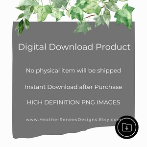 Op de afbeelding: Een digitale download productafbeelding met tekst op een grijze achtergrond. De tekst bevat "Digital Download Product", "Er wordt geen fysiek item verzonden", "Direct downloaden na aankoop" en "HIGH DEFINITION PNG IMAGES". Groene bladeren staan bovenaan.
