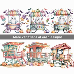 Op de afbeelding: Waterverfillustraties met een Halloween-thema. De afbeelding toont spookkarakters in ijscowagens en strandwachten, omringd door pompoenen, vleermuizen en bloemaccenten. De tekst "More variations of each design!" is ook opgenomen.