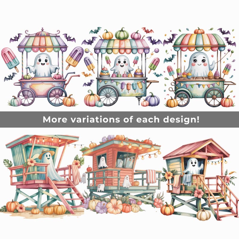 Op de afbeelding: Waterverfillustraties met een Halloween-thema. De afbeelding toont spookkarakters in ijscowagens en strandwachten, omringd door pompoenen, vleermuizen en bloemaccenten. De tekst "More variations of each design!" is ook opgenomen.