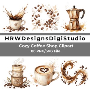 Mysigt kafé Clipart-paket PNG SVG, akvarellkafégrafik, kaffemugg Clipart-set