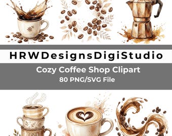 Cozy Coffee Shop Clipart Bundle PNG SVG, Watercolor Cafe Graphics, Coffee Mug Clipart Set