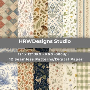 May include: A collection of 12 seamless digital patterns featuring botanical, mushroom, and floral motifs in various color palettes. The image displays 12-inch by 12-inch digital paper designs with text reading HRWDesigns Studio and 12 Seamless Patterns.