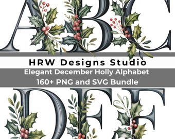 Noël houx Alphabet PNG SVG, lettres monogramme vacances, clipart nom personnalisé, initiales florales d'hiver, lettres de Noël Cricut