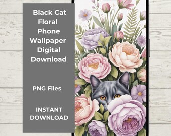 Black Cat Phone Wallpaper Set, Floral Aesthetic iPhone Background, Moody Cottagecore Wallpaper, Cute Cat Lock Screen, Dark Feminine Wallpape