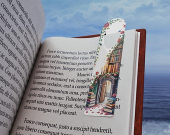 Enchanted Library Bookmark | Book Nook Doorway, Stacked Books & Rose Vines