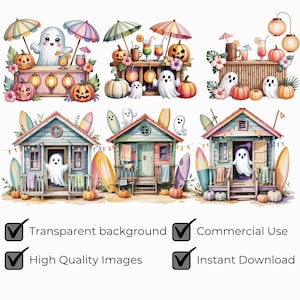 Op de afbeelding: Waterverfillustraties met Halloween-strandsc&egrave;nes. De afbeeldingen bevatten geesten, pompoenen, surfplanken, strandhutten en cocktailbars. De illustraties staan tegen een witte achtergrond en bevatten de tekst "Transparent background", "Commercial Use", "High Quality Images" en "Instant Download".