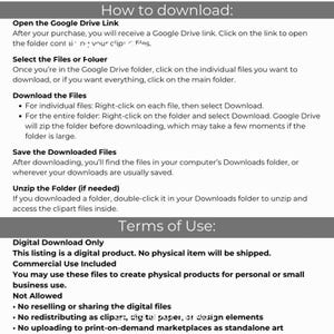 Op de afbeelding: Een wit en grijs grafisch ontwerp met instructies voor het downloaden van digitale bestanden van Google Drive. De tekst bevat stappen voor het openen van de link, het selecteren van bestanden, downloaden, opslaan en uitpakken. Gebruiksvoorwaarden zijn ook vermeld.