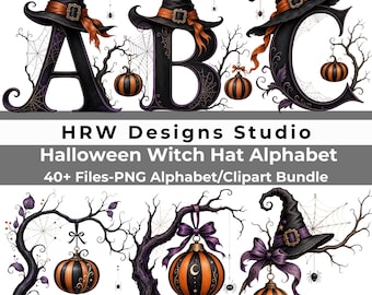 Witch Hat Halloween Alphabet PNG Bundle, Gothic Black Letters, Spooky Pumpkin Monogram, Witchcore Clipart and Numbers