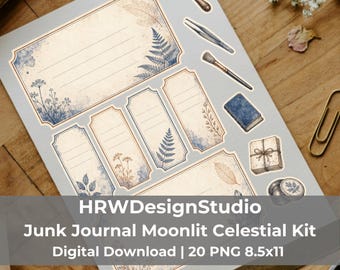 Celestial Junk Journal Kit, Vintage Astronomy Ephemera, Moonlit Botanical Printable, 20 Page Scrapbook Bundle