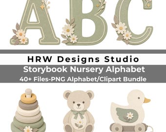 Sage Green Nursery Alphabet PNG Bundle, Gender Neutral Baby Letters, Vintage Floral Monogram, Heirloom Toy Clipart