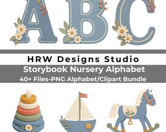 Vintage Nursery Alphabet PNG Bundle, Dusty Blue Floral Letters, Baby Boy Monogram, Heirloom Toy Clipart and Numbers