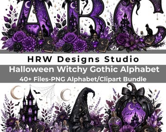 Witchy Gothic Alphabet PNG Bundle, Purple Floral Letters, Celestial Monogram, Halloween Numbers Symbols and Clipart