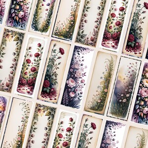 May include: A collection of rectangular floral art prints. Each print features a different arrangement of roses, greenery, and other flowers in shades of red, pink, purple, and green, set against a cream background.