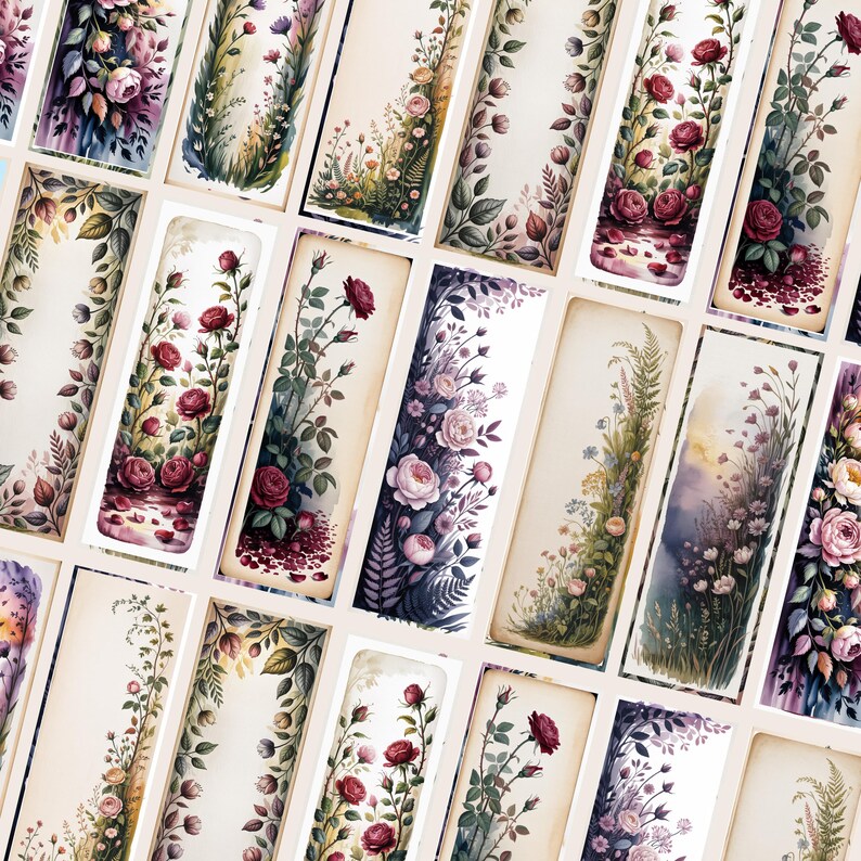 May include: A collection of rectangular floral art prints. Each print features a different arrangement of roses, greenery, and other flowers in shades of red, pink, purple, and green, set against a cream background.
