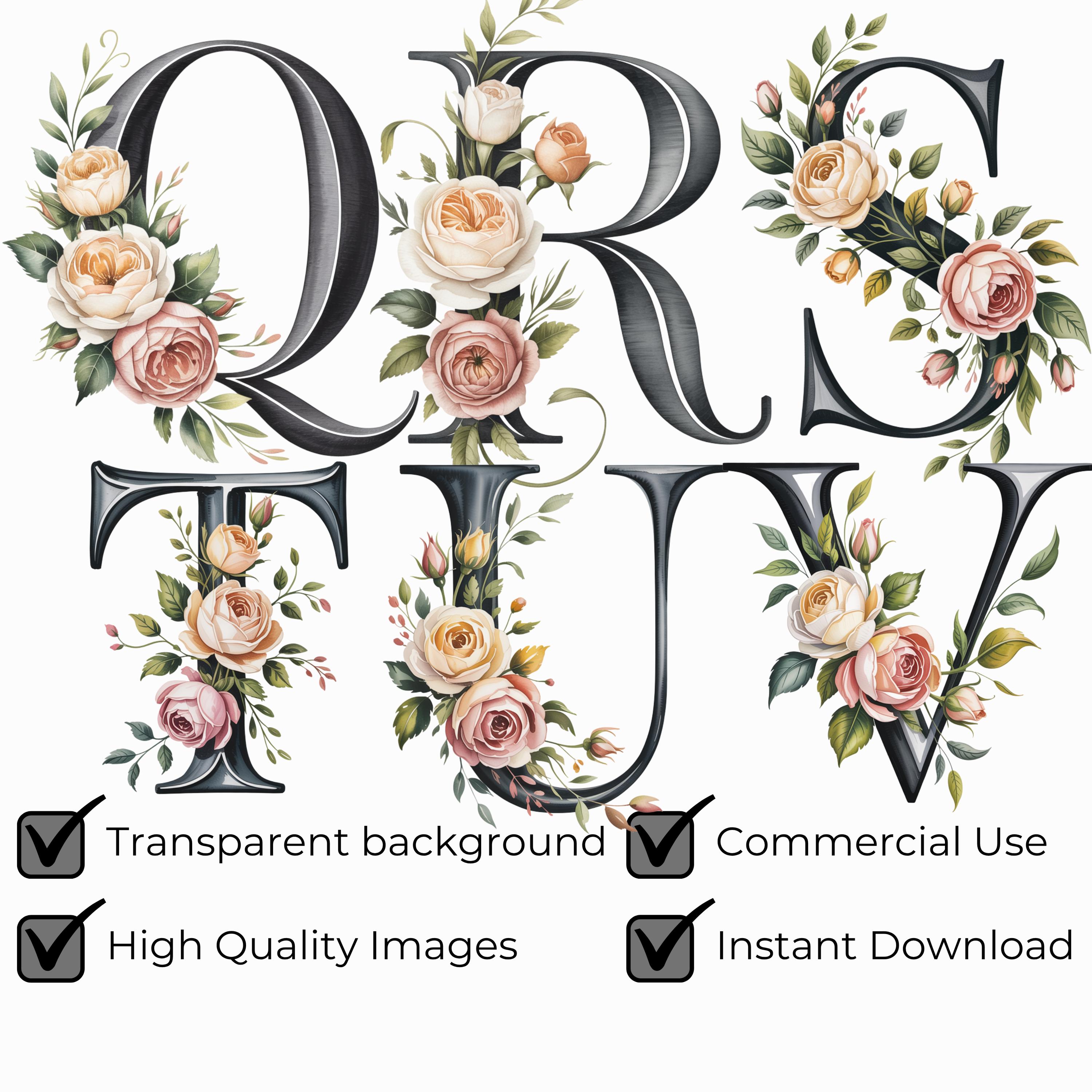 June Letters Spring June Birth Flower Alphabet SVG, Rose Monogram Letters PNG, Floral ...