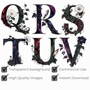 K&ouml;nnte beinhalten: Ein digitales Grafikset mit den Buchstaben Q, R, S, T, U und V, die jeweils in einer dunklen Aquarelltextur mit verwobenen botanischen Elementen wie wei&szlig;en Trichterwinden, dunklen Bl&auml;ttern und kleinen schwarzen Beeren dargestellt sind.