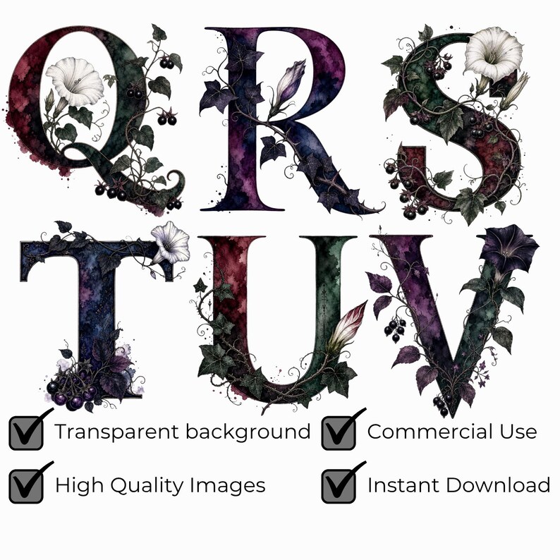 K&ouml;nnte beinhalten: Ein digitales Grafikset mit den Buchstaben Q, R, S, T, U und V, die jeweils in einer dunklen Aquarelltextur mit verwobenen botanischen Elementen wie wei&szlig;en Trichterwinden, dunklen Bl&auml;ttern und kleinen schwarzen Beeren dargestellt sind.