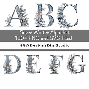 Può includere: Lettere dell'alfabeto invernale argentate dalla A alla G, ciascuna decorata con fogliame invernale, pigne e fiocchi di neve. Le lettere sono di colore argento con un effetto acquerello. Il testo "Silver Winter Alphabet 100+ PNG and SVG Files!" è incluso.