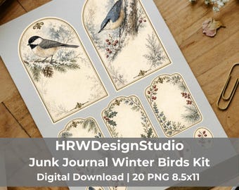 Winter Birds Junk Journal Kit, 20 Page Vintage Botanical Ephemera Printable, Blue Bird Tags, Pockets and Journal Cards