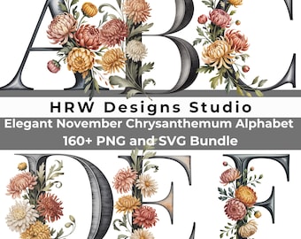 Automne Floral Alphabet PNG SVG, ensemble de lettres chrysanthèmes, clipart monogramme automne, décoration de Thanksgiving, automne neutre Cricut Alphabet