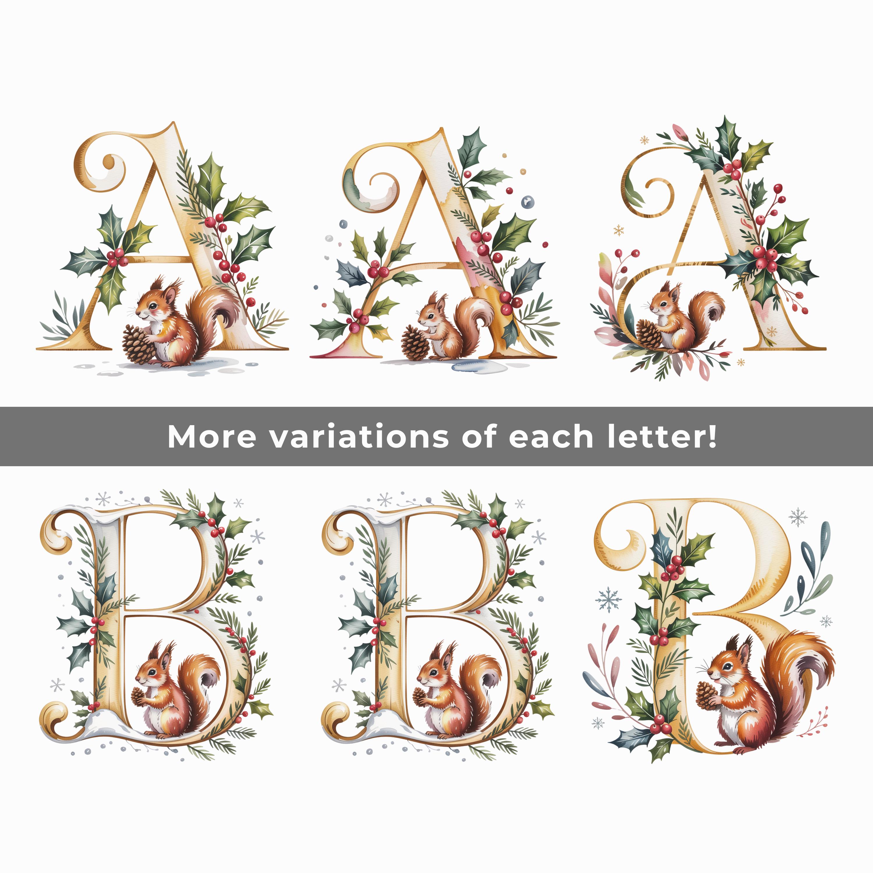 Squirrel Letters Squirrel Golden Winter Alphabet, Christmas Letters PNG SVG Bundle - Etsy