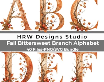 Bittersüßzweig-Alphabet (PNG, SVG), Herbstliche botanische Buchstaben und Zahlen, Herbst-Monogramm-Clipart